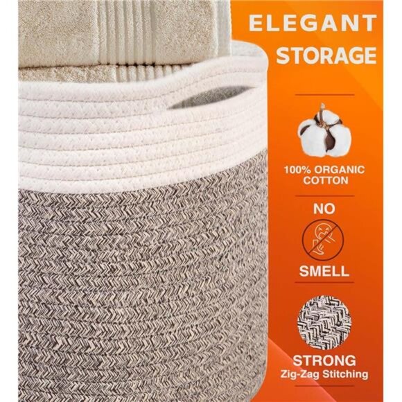 Cotton Rope Storage Baskets 3 Pack Off White Brown Laundry Toy Organizer Bin - Picture 2 of 7